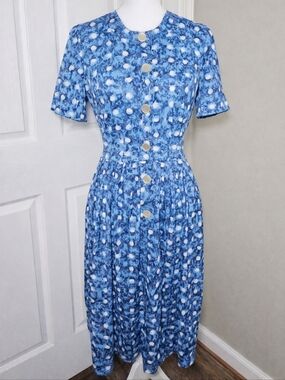 Vintage 1950s Shelton Stroller Blue Polka Dot Dress Pleated Waist Button Front